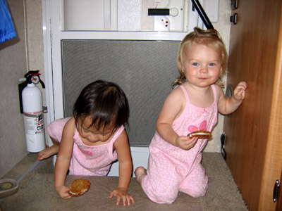 Grandma made oatmeal cookies. Why not enjoy them in the doorway?